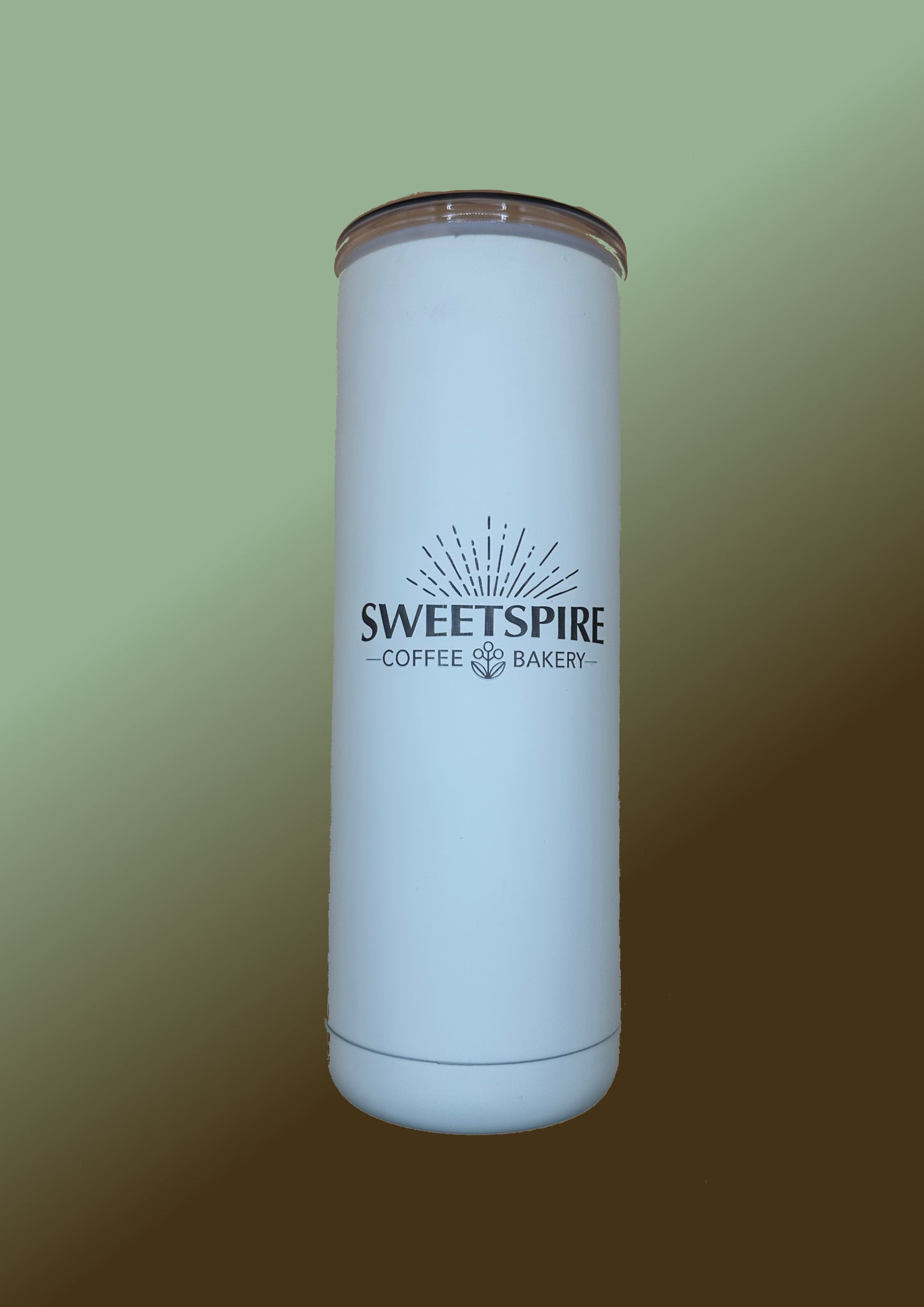 White tumbler with 'Sweetspire Coffee & Bakery' logo on a gradient background