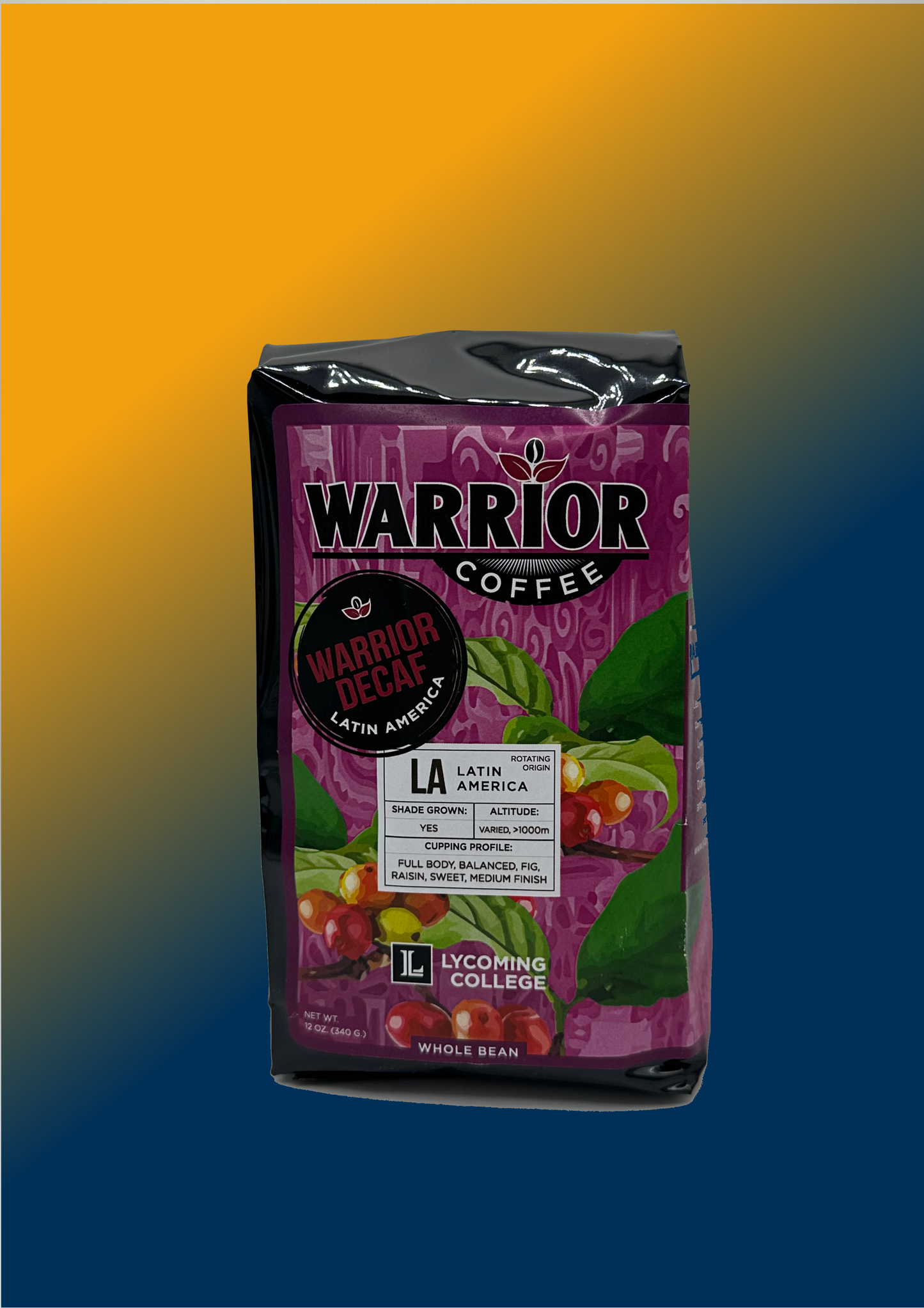 Warrior Coffee package on a gradient background