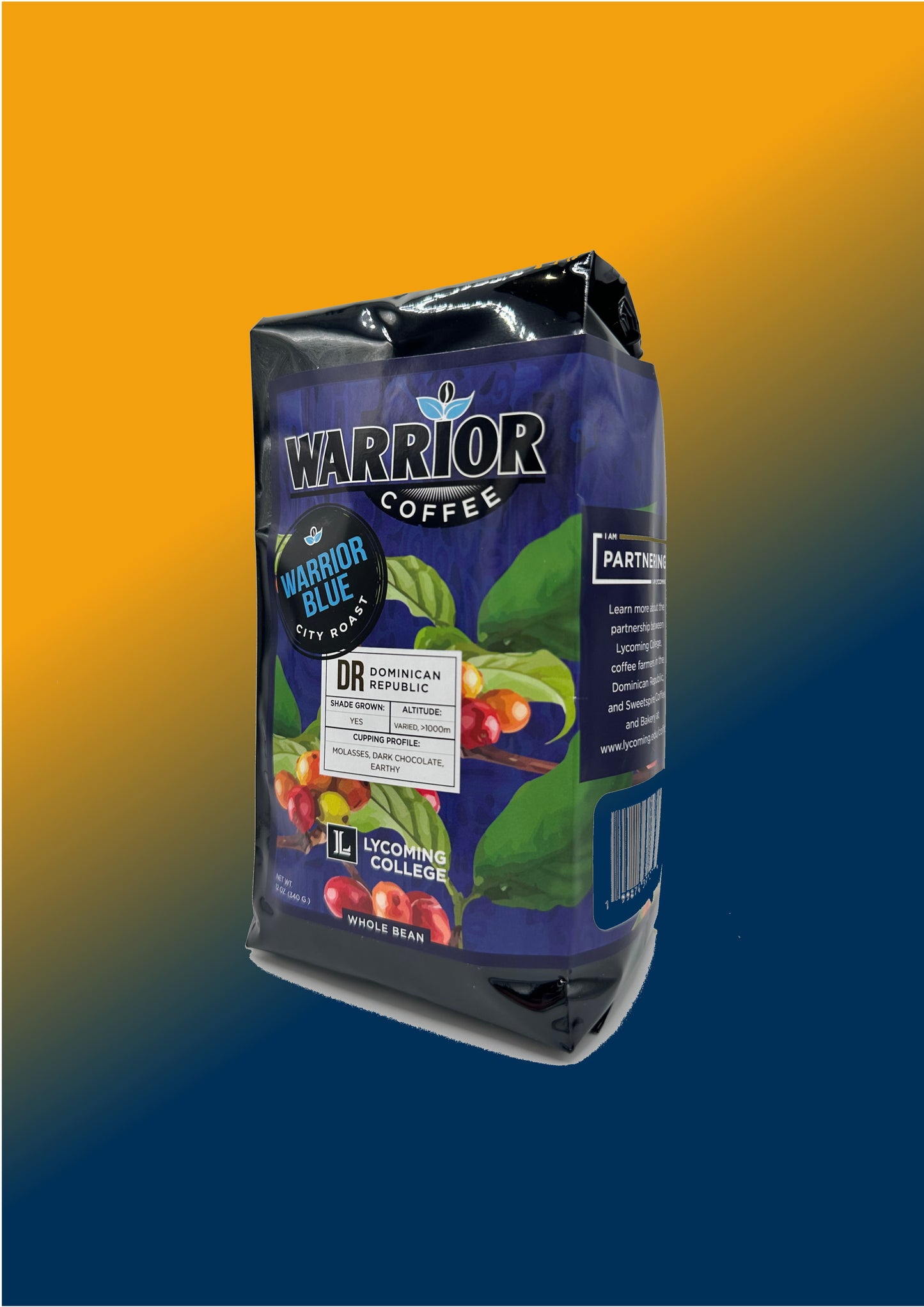 Warrior Coffee package on a gradient background