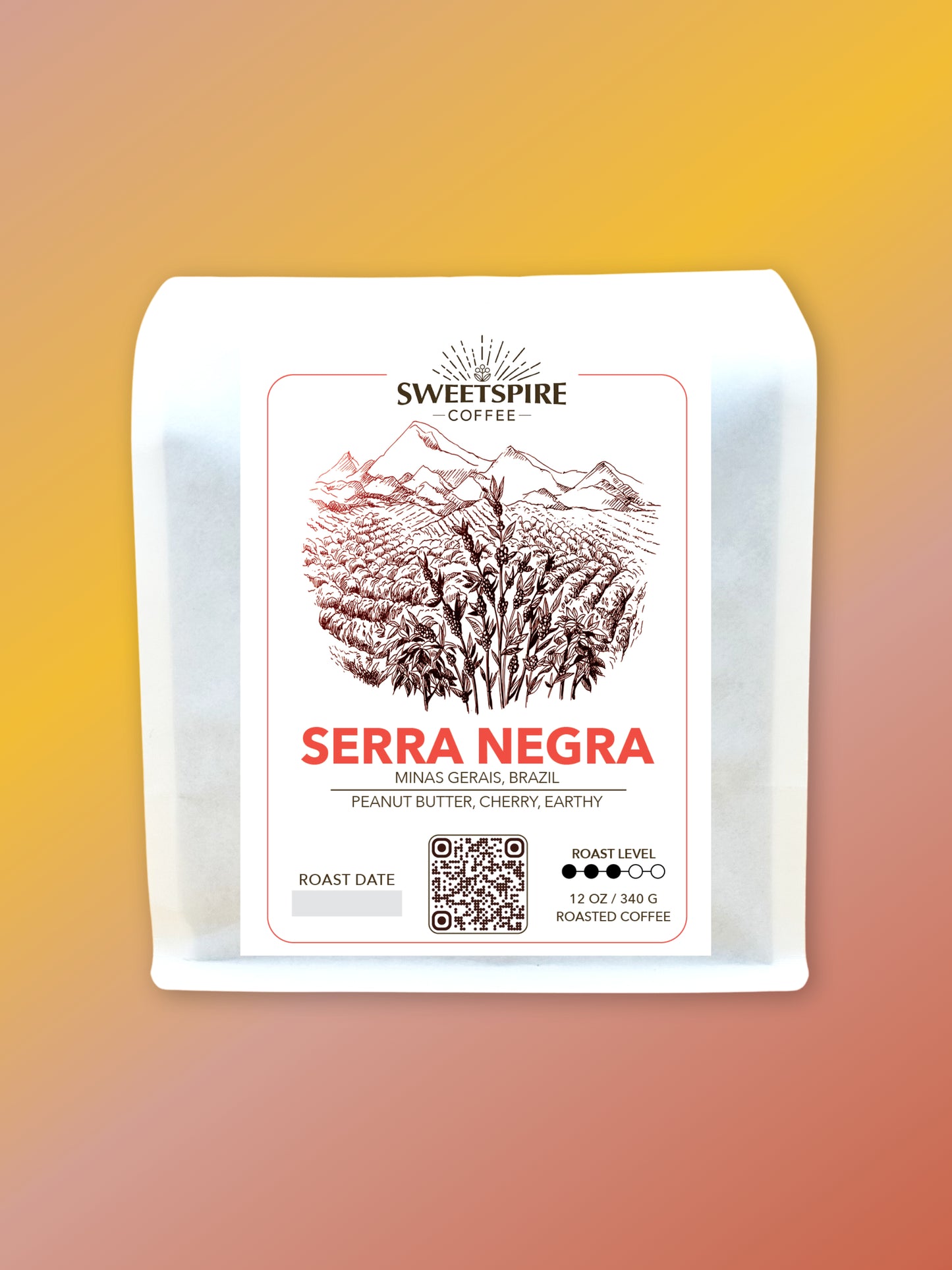 Serra Negra coffee package with Sweetspire Coffee branding on a gradient background