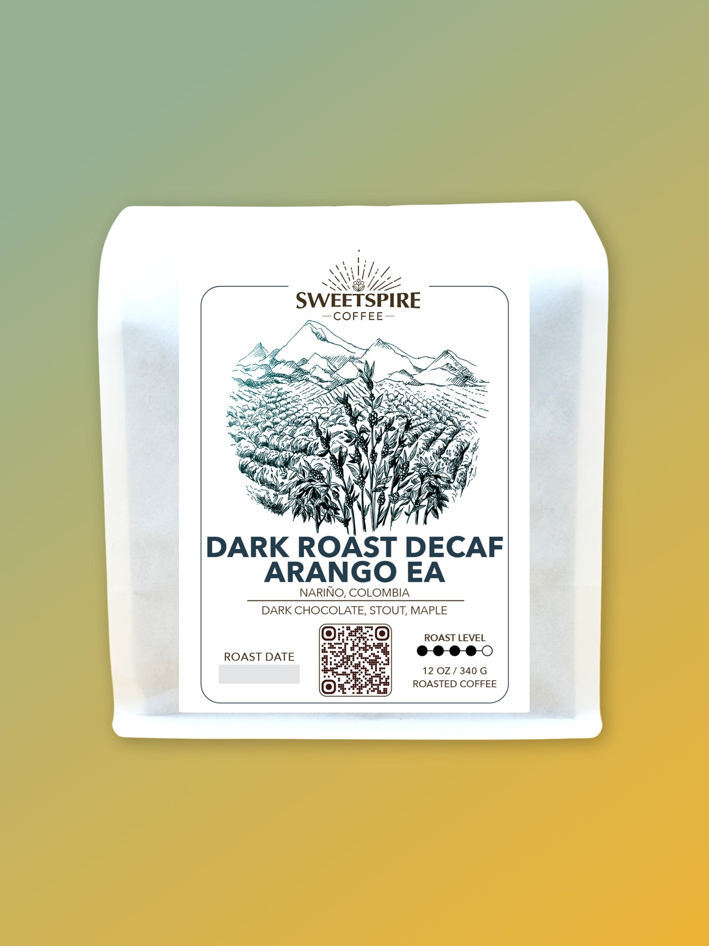 Sweetspire Coffee Dark Roast Decaf Arango EA package on a gradient background