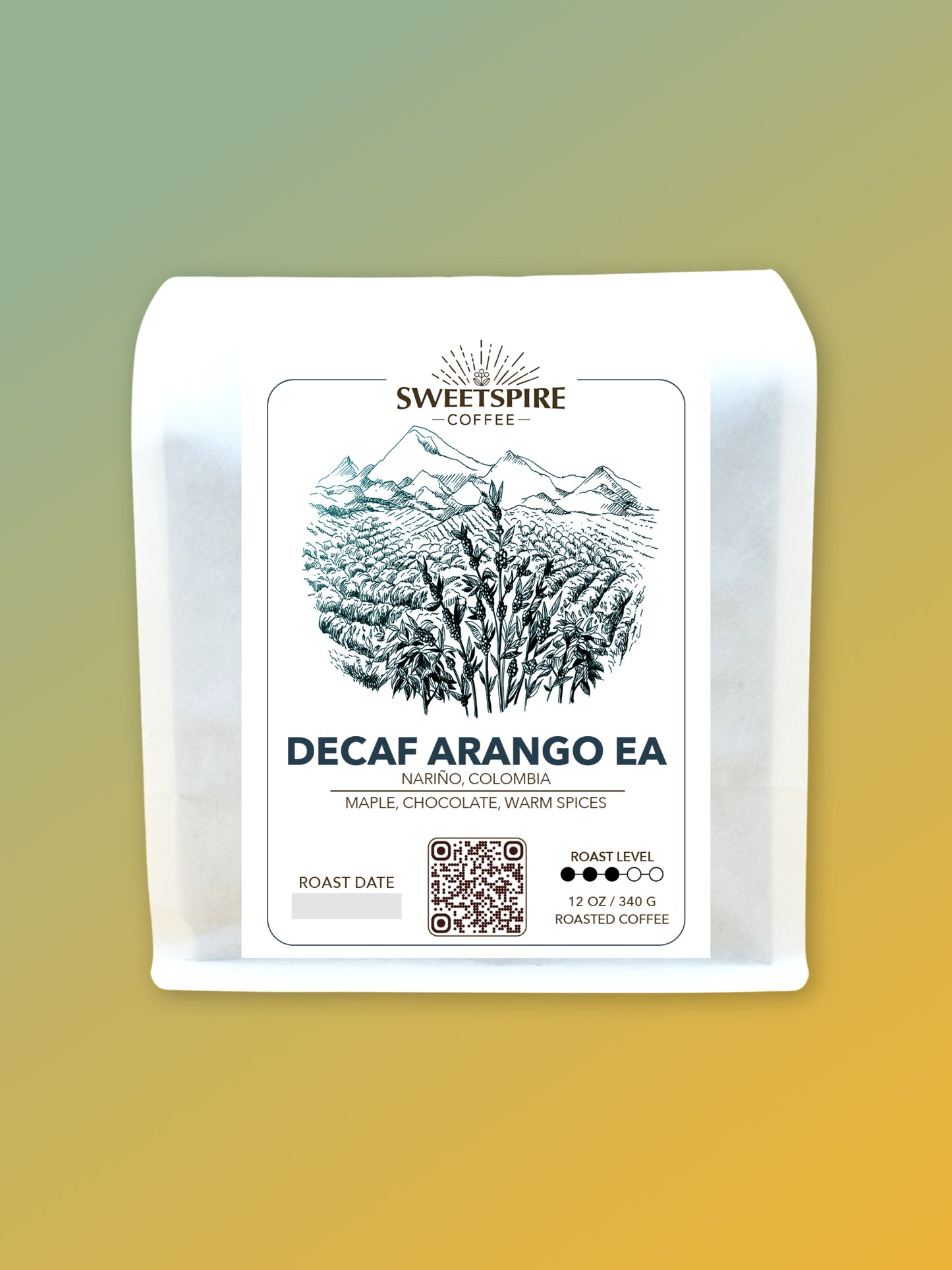 Sweetspire Coffee Decaf Arango EA package on a gradient background