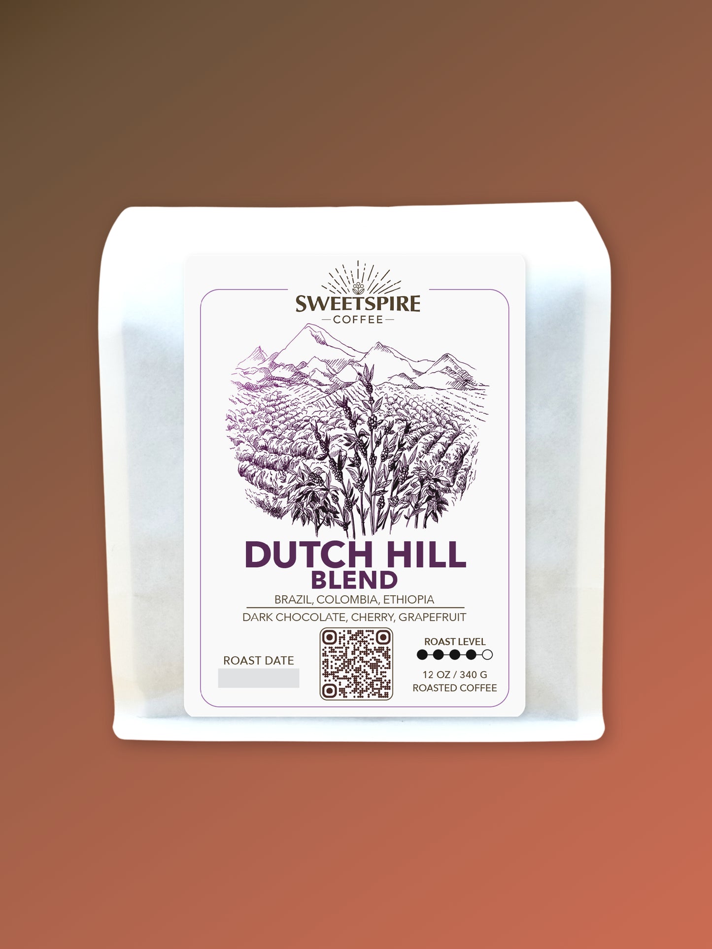 Sweetspire Coffee Dutch Hill Blend packaging on a gradient background