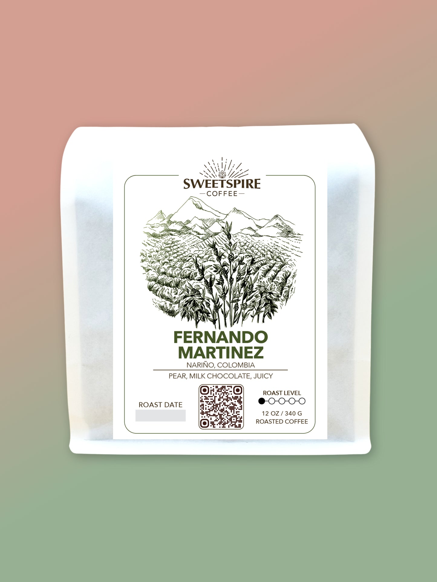 Sweetspire Coffee package with a label on a gradient background