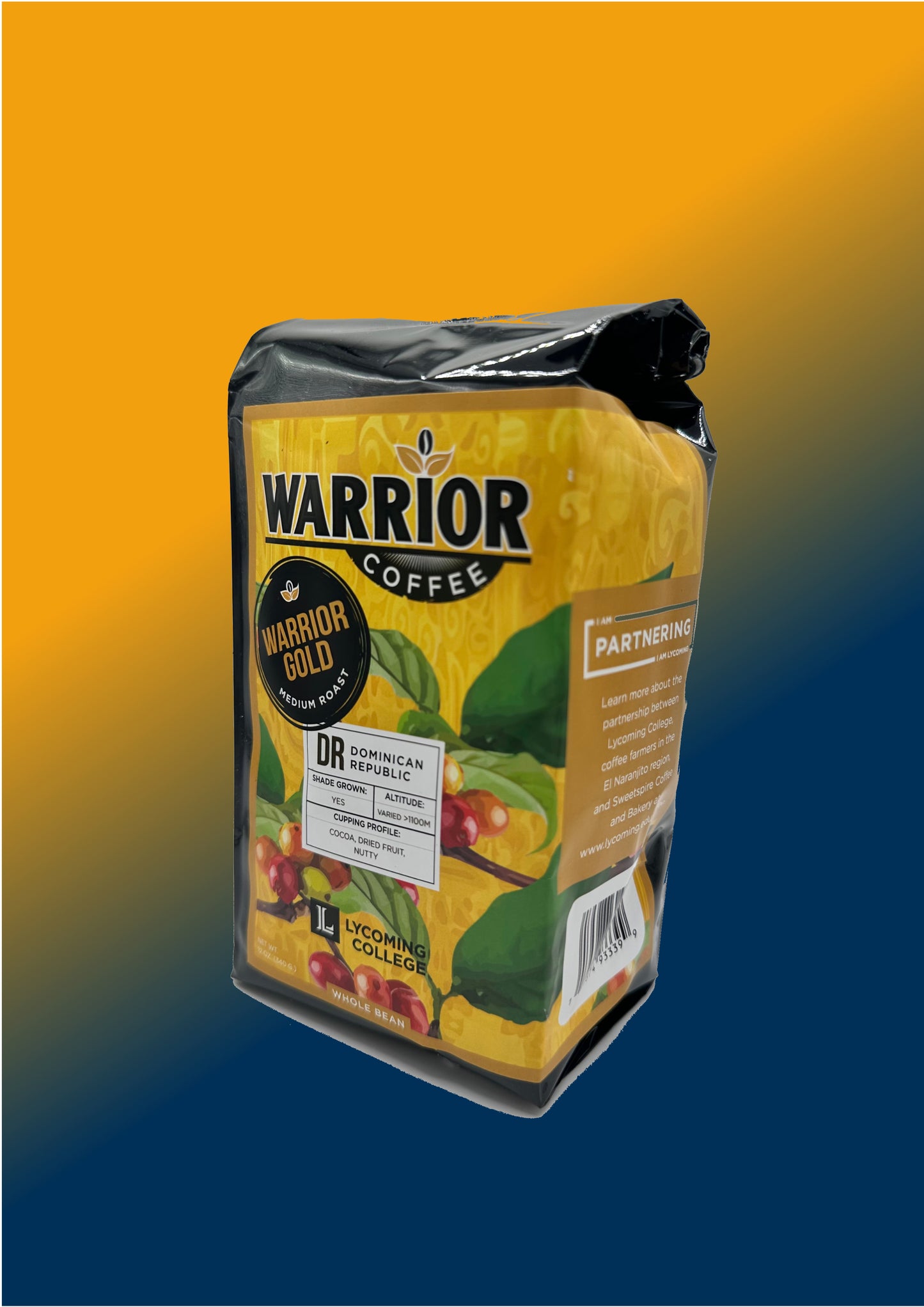 Warrior Coffee bag on a gradient yellow to blue background