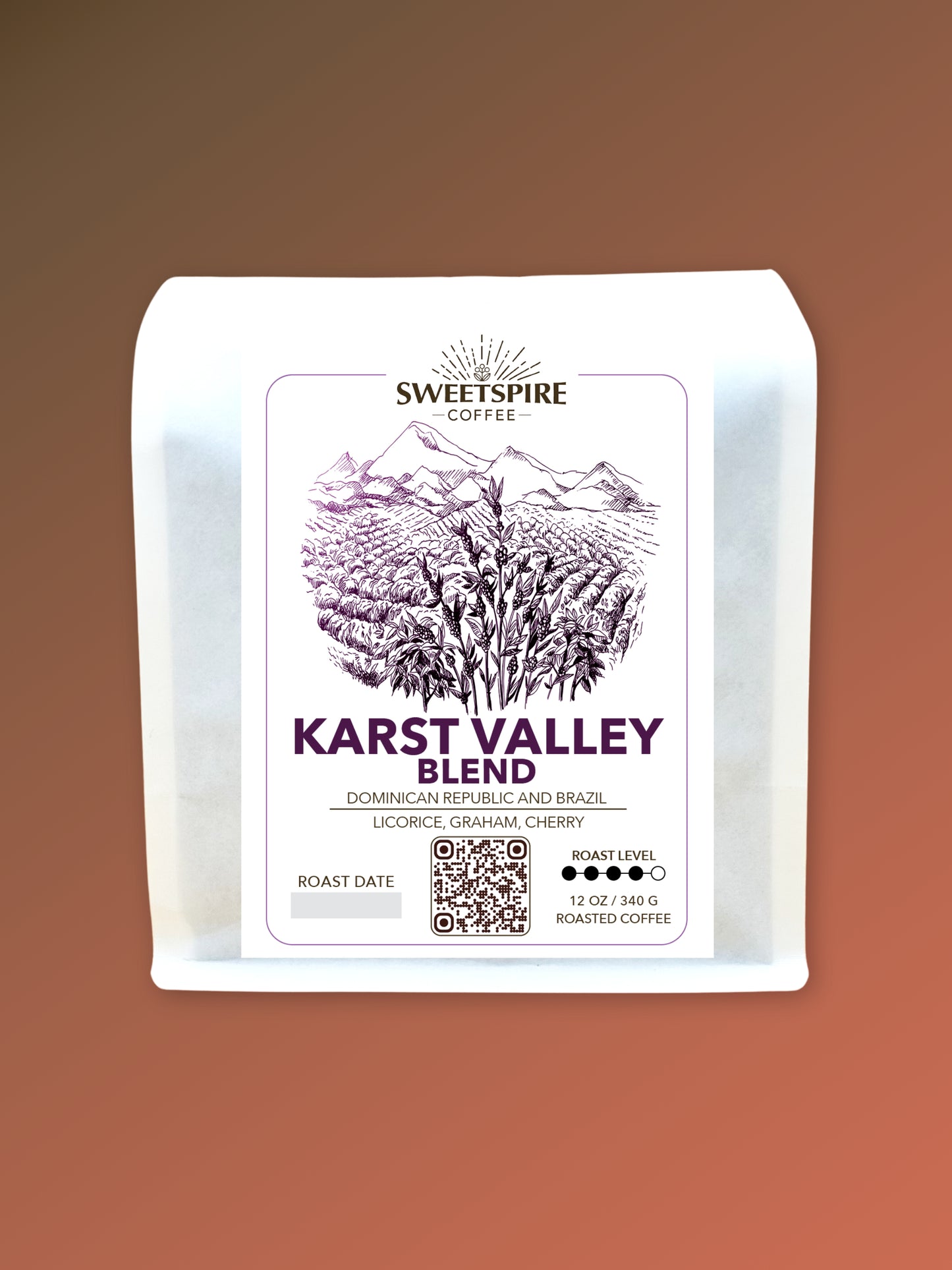 Coffee package with 'Sweetspire Coffee' branding on a gradient background